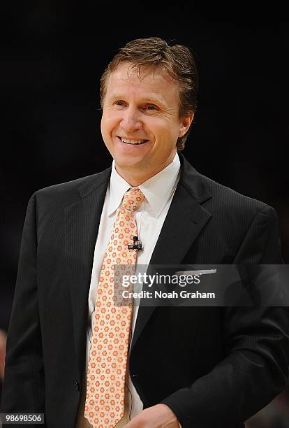 Head coach Scott Brooks of the Oklahoma City Thunder cracks a smile in Game Two of the Western Conference Quarterfinals against the Los Angeles...