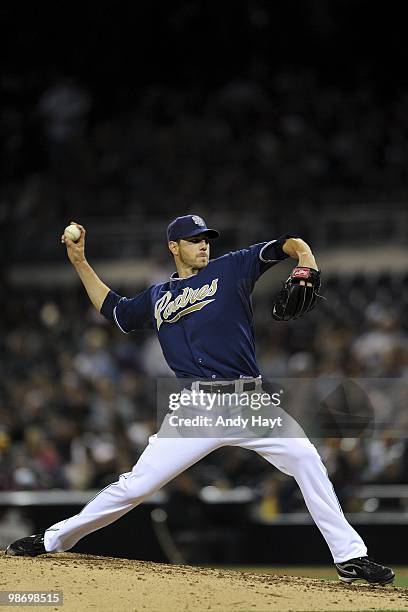 Jon Garland of the San Diego Padres throws against the Arizona Diamondbacks at Petco Park on Friday, April 16, 2010 in San Diego, California. The...