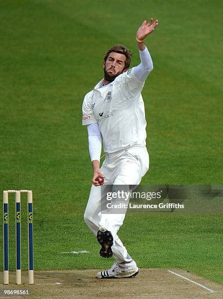 Liam Plunkett of Durham in action during the LV County Championship match between Yorkshire and Durham at Headingley Carnegie Stadium on April 27,...