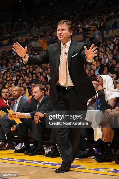 Head coach Scott Brooks of the Oklahoma City Thunder gestures from the sideline in Game Two of the Western Conference Quarterfinals against the Los...