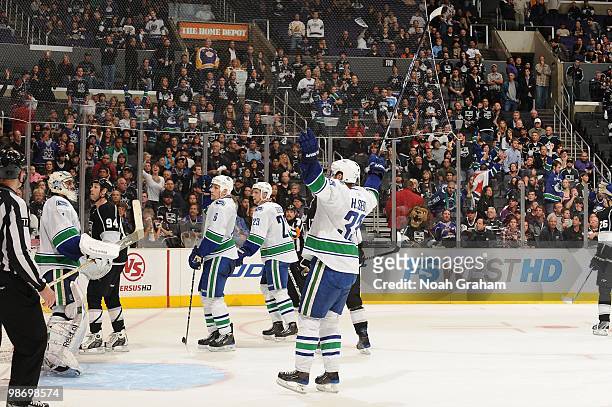 Henrik Seidn of the Vancouver Canucks celebrates after defeating the Los Angeles Kings in Game Six of the Western Conference Quarterfinals during the...
