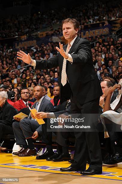 Head coach Scott Brooks of the Oklahoma City Thunder gestures from the sideline in Game Two of the Western Conference Quarterfinals against the Los...