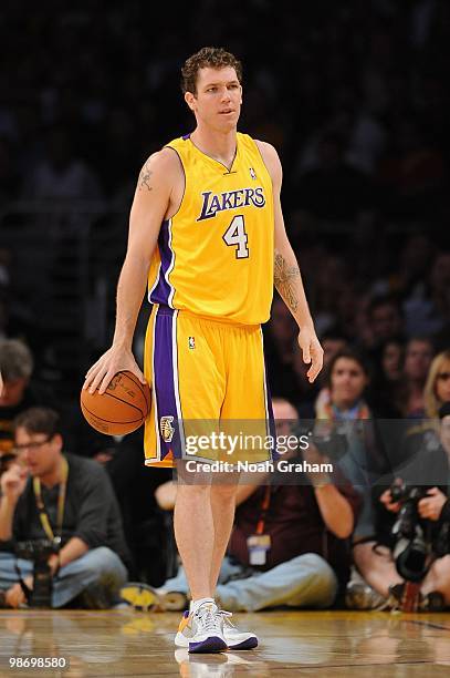 Luke Walton of the Los Angeles Lakers holds the ball in Game Two of the Western Conference Quarterfinals against the Oklahoma City Thunder during the...