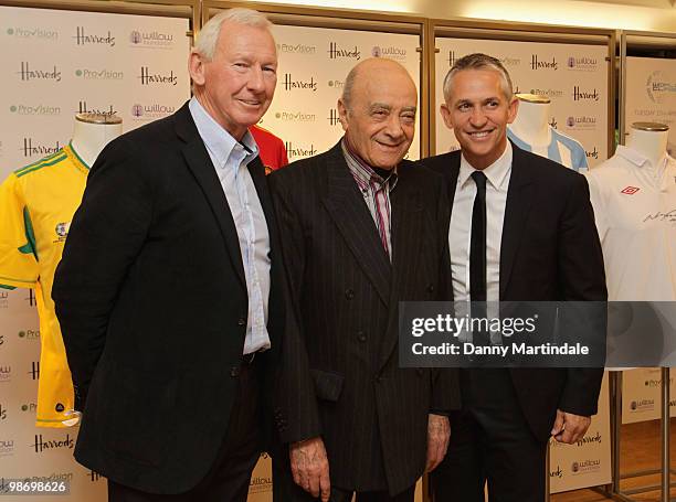 Bob Wilson, Mohamed al Fayed and Gary Lineker attend launch photocall for the World Class Football Auction in aid of the Willow Foundation at Harrods...