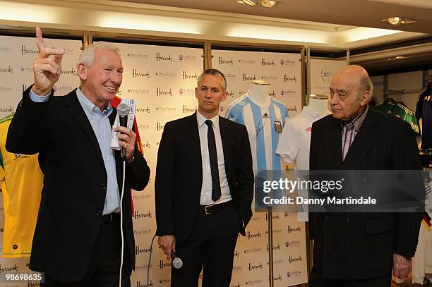 Bob Wilson, Gary Lineker and Mohamed al Fayed attend launch photocall for the World Class Football Auction in aid of the Willow Foundation at Harrods...