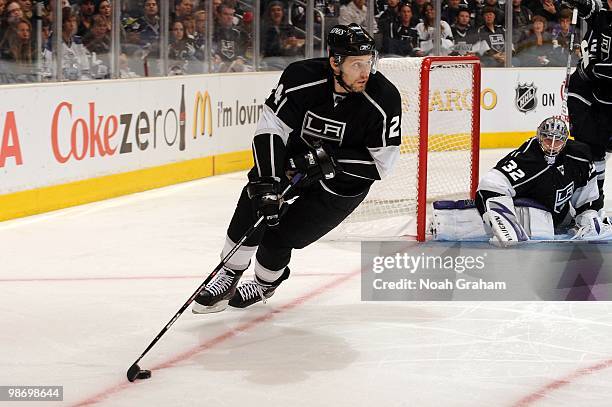 Alexander Frolov of the Los Angeles Kings skates with the puck against the Vancouver Canucks in Game Six of the Western Conference Quarterfinals...