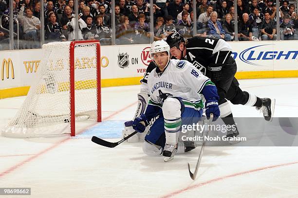 Steve Bernier of the Vancouver Canucks reacts after scoring a goal against the Los Angeles Kings in Game Six of the Western Conference Quarterfinals...