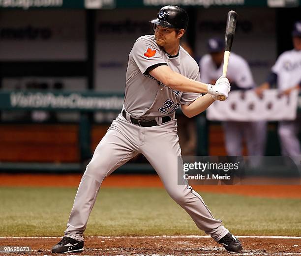 Designated hitter Adam Lind of the Toronto Blue Jays bats against the Tampa Bay Rays during the game at Tropicana Field on April 24, 2010 in St....