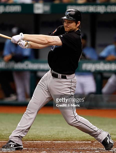 Designated hitter Adam Lind of the Toronto Blue Jays bats against the Tampa Bay Rays during the game at Tropicana Field on April 25, 2010 in St....