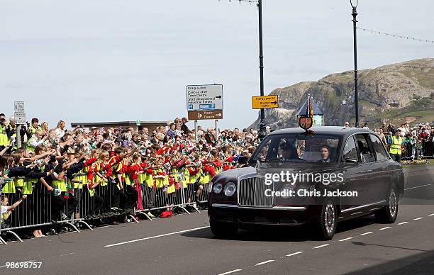 Queen Elizabeth II and Prince Philip, Duke of Edinburgharrive for a visit to the Venue Cymru Arena on April 27, 2010 in Llandudno, Wales. The Queen...