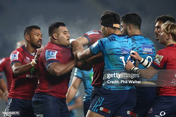 Fight breaks out during the round 17 Super Rugby match between the Blues and the Reds at Eden Park on June 29, 2018 in Auckland, New Zealand.