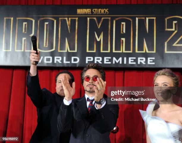 Director/Executive Producer Jon Favreau, actor Robert Downey Jr. And actress Scarlett Johansson arrive at the world wide premiere of "Iron Man 2"...