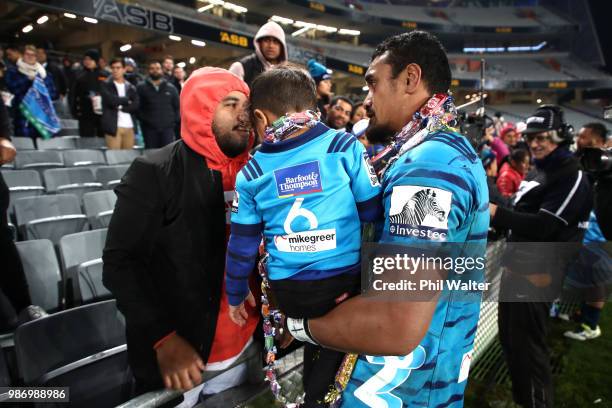 Jerome Kaino of the Blues farewells fans following the round 17 Super Rugby match between the Blues and the Reds at Eden Park on June 29, 2018 in...