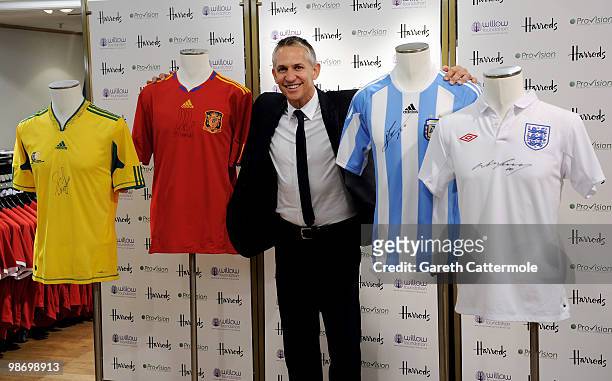 Gary Lineker attends the World Class Football Auction launch photocall at Harrods on April 27, 2010 in London, England. The World Class Football...
