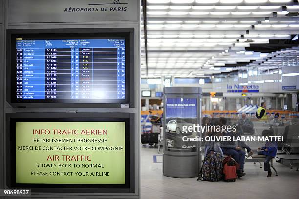 Board announcing a return to "normal service" is seen on April 20, 2010 at Orly airport, south of Paris. The two main airports in Paris will...