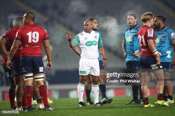 Referee Egon Seconds during the round 17 Super Rugby match between the Blues and the Reds at Eden Park on June 29, 2018 in Auckland, New Zealand.