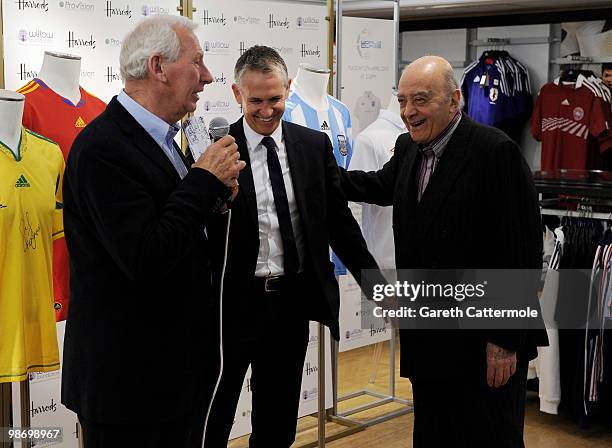 Former Arsenal and Scotland goalkeeper and Willow Foundation co founder Bob Wilson, Gary Lineker and Harrods owner Mohamed Al Fayed joke at the World...