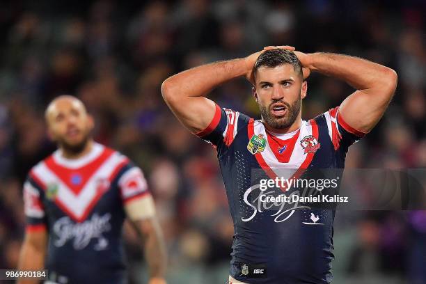 James Tedesco of the Roosters looks on dejected during the round 16 NRL match between the Sydney Roosters and the Melbourne Storm at Adelaide Oval on...