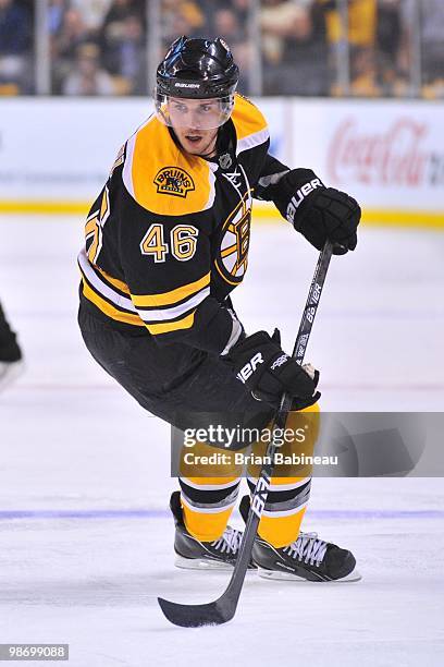 David Krejci of the Boston Bruins watches the play against the Buffalo Sabres in Game Six of the Eastern Conference Quarterfinals during the 2010 NHL...