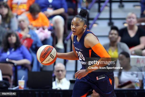 Connecticut Sun guard Alex Bentley fast breaks during a WNBA game between Indiana Fever and Connecticut Sun on June 27 at Mohegan Sun Arena in...