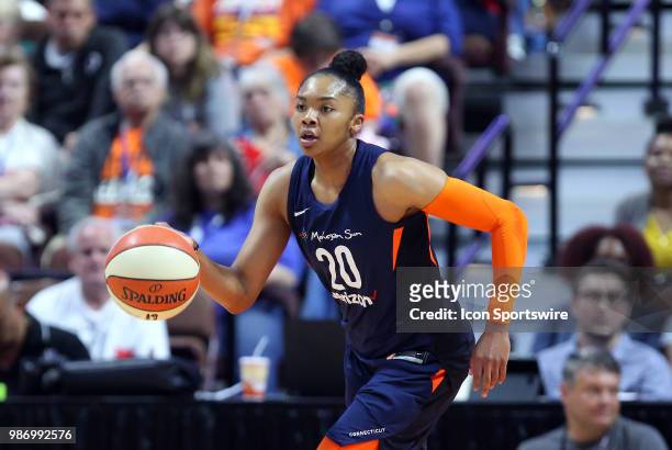 Connecticut Sun guard Alex Bentley fast breaks during a WNBA game between Indiana Fever and Connecticut Sun on June 27 at Mohegan Sun Arena in...