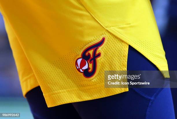 General view of the Indiana Fever logo on a pair of game shorts during a WNBA game between Indiana Fever and Connecticut Sun on June 27 at Mohegan...