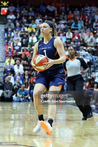 Connecticut Sun guard Rachel Banham prepares to shoot during a WNBA game between Indiana Fever and Connecticut Sun on June 27 at Mohegan Sun Arena in...