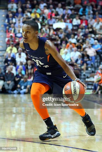 Connecticut Sun guard Courtney Williams drives to the basket during a WNBA game between Indiana Fever and Connecticut Sun on June 27 at Mohegan Sun...