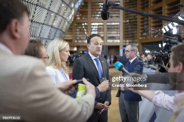 Leo Varadkar, Irelands prime minister, speaks to the media as he arrives for a European Union leaders summit in Brussels, Belgium, on Friday June 29,...