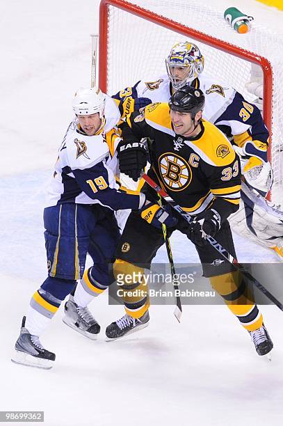 Zdeno Chara of the Boston Bruins watches the play against Tim Connolly of the Buffalo Sabres in Game Six of the Eastern Conference Quarterfinals...