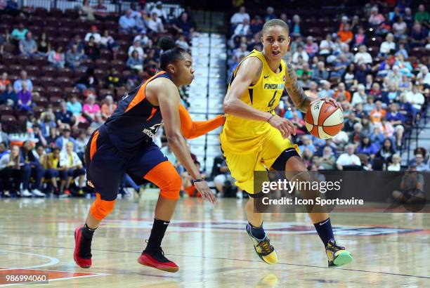 Indiana Fever forward Candice Dupree pursued by Connecticut Sun guard Alex Bentley during a WNBA game between Indiana Fever and Connecticut Sun on...