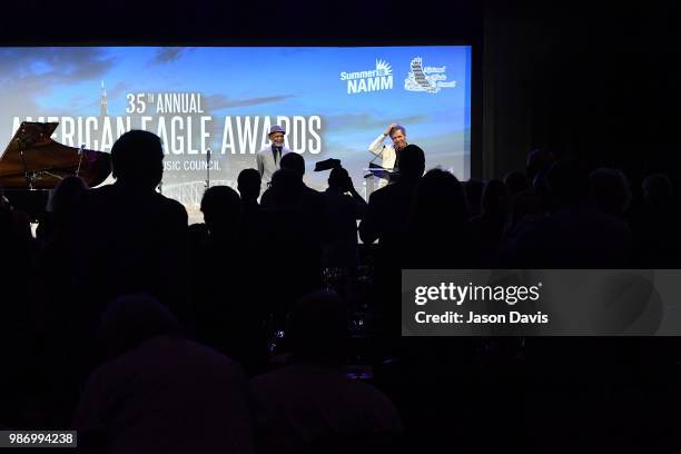 Recording Artists Chick Corea speaks on stage during the National Music Council American Eagle Awards Dinner honoring Chick Corea and The Manhattan...