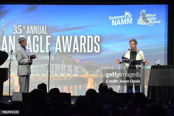 Recording Artist Chick Corea speaks on stage during the National Music Council American Eagle Awards Dinner honoring Chick Corea and The Manhattan...