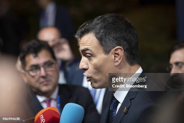 Pedro Sanchez, Spain's prime minister, speaks to the media following a European Union leaders summit in Brussels, Belgium, on Friday, June 29, 2018....
