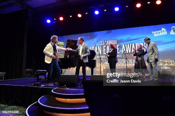 Chick Corea; The Manhattan Project and Hubert Laws perform on stage during the National Music Council American Eagle Awards Dinner honoring Chick...