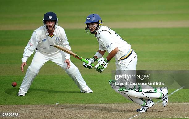 Jacques Rudolph of Yorkshire hits out to the boundary during the LV County Championship match between Yorkshire and Durham at Headingley Carnegie...