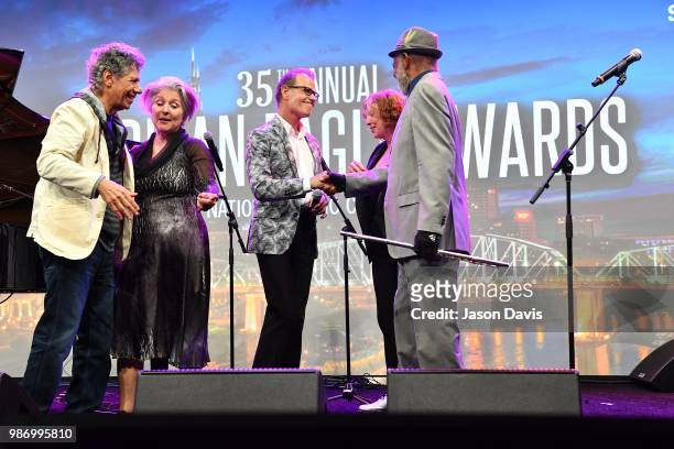 Chick Corea, The Manhattan Transfer and Hubert Laws perform on stage during the National Music Council American Eagle Awards Dinner honoring Chick...
