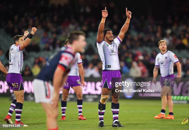 Suliasi Vunivalu of the Storm celebrates during the round 16 NRL match between the Sydney Roosters and the Melbourne Storm at Adelaide Oval on June...