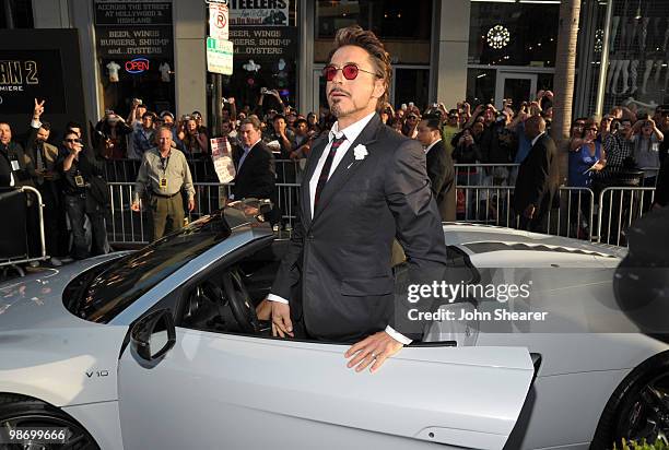 Actor Robert Downey Jr. Arrives in an Audi to the "Iron Man 2" World Premiere at the El Capitan Theatre on April 26, 2010 in Hollywood, California.