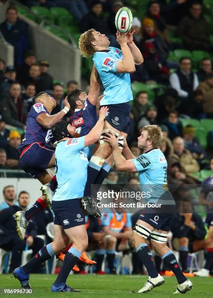 Ned Hanigan of the Waratahs competes for the ball during the round 17 Super Rugby match between the Rebels and the Waratahs at AAMI Park on June 29,...