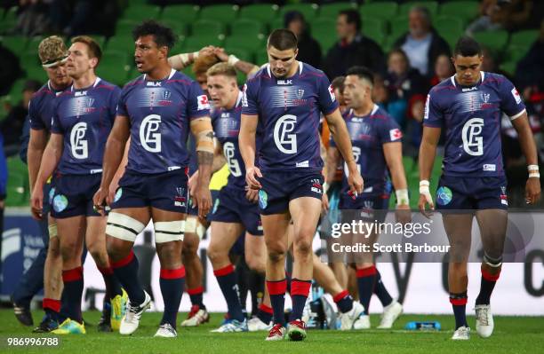 Lopeti Timani and Jack Maddocks of the Rebels dejected after a try during the round 17 Super Rugby match between the Rebels and the Waratahs at AAMI...