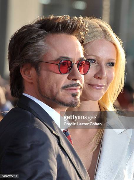 Actors Robert Downey Jr. And Gwyneth Paltrow arrive at the "Iron Man 2" world premiere held at El Capitan Theatre on April 26, 2010 in Hollywood,...