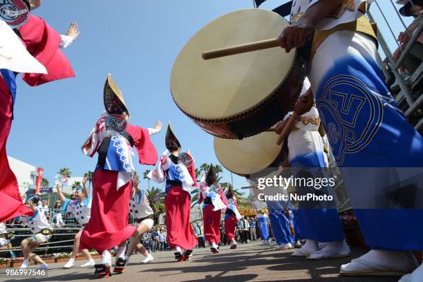 People perform Awa Dance in Tokushima City, Tokushima Prefecture in western Japan on Jun. 29, 2018.