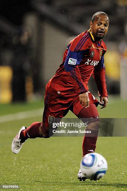 Midfielder Andy Williams of Real Salt Lake controls the ball against the Columbus Crew on April 24, 2010 at Crew Stadium in Columbus, Ohio.