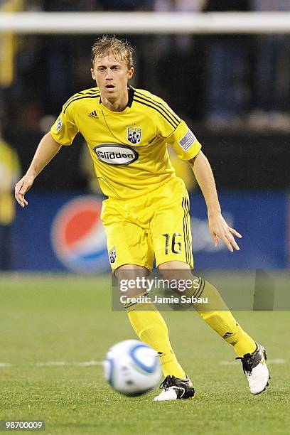 Midfielder Brian Carroll of the Columbus Crew controls the ball against Real Salt Lake on April 24, 2010 at Crew Stadium in Columbus, Ohio.