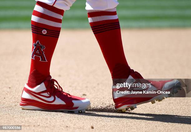 Baseball cleats worn by Albert Pujols of the Los Angeles Angels of Anaheim during the game against the Toronto Blue Jays of Anaheim at Angel Stadium...
