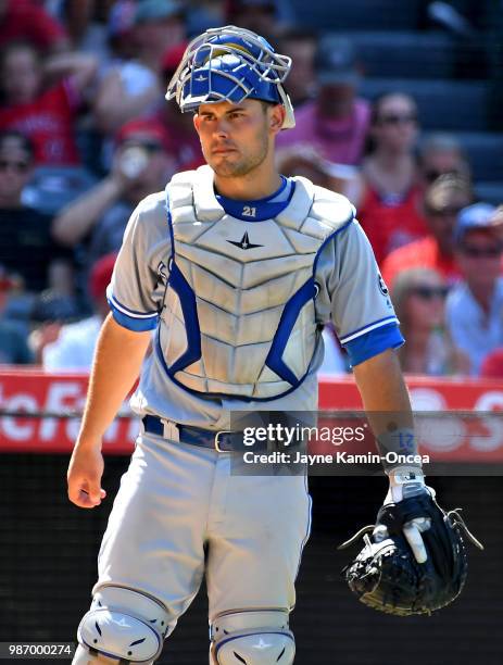 Luke Maile of the Toronto Blue Jays stands at the plate during the game against the Los Angeles Angels of Anaheim at Angel Stadium on June 24, 2018...