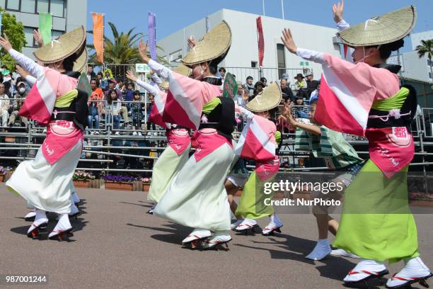 People perform Awa Dance in Tokushima City, Tokushima Prefecture in western Japan on Jun. 29, 2018.