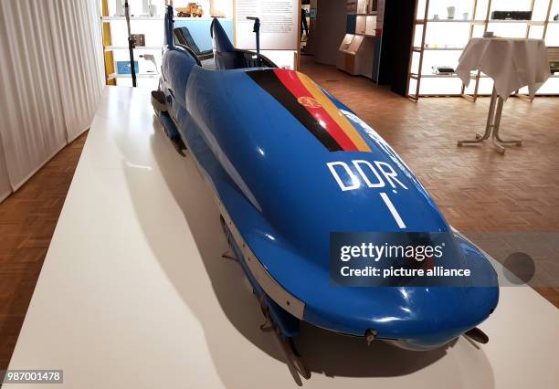 February 2018, Germany, Leipzig: The bob from Meinhard Nehmer, who won the 1980 Olympics for the German Democratic Republic is on display at the...