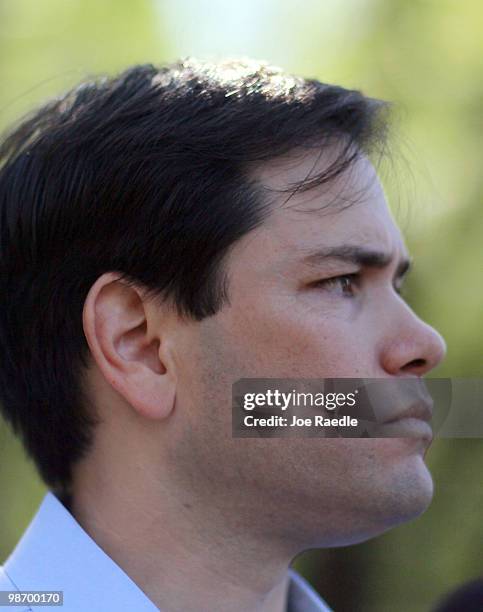 Marco Rubio speaks with the media after signing election documents officially qualifying him as a Republican candidate for the U.S. Senate on April...